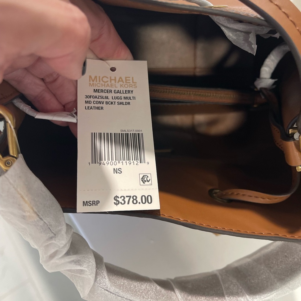 Michael Kors Brown and Tan Striped Leather Drawstring Bucket Bag - Picture 3 of 7